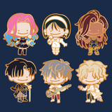 Set of six stylized alien stage character pins on a dark blue background.