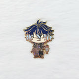 Animated character pin with blue hair and a lantern on a white background